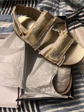 Nine West Metallic Gold Frayed Double-Strap Sandals